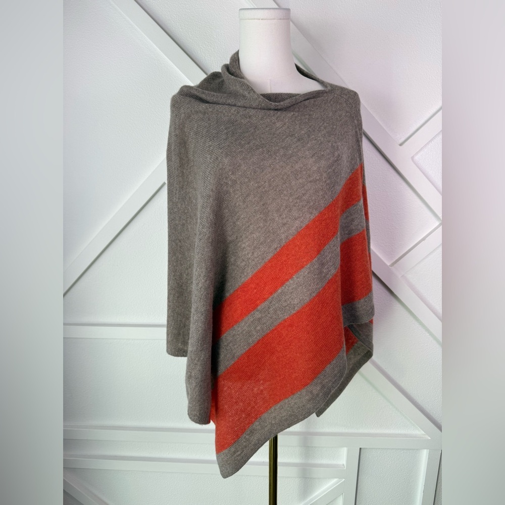 Celeste Wool Cashmere Blend Poncho Tan Orange Stripe Asymmetrical One Size - Picture 2 of 9